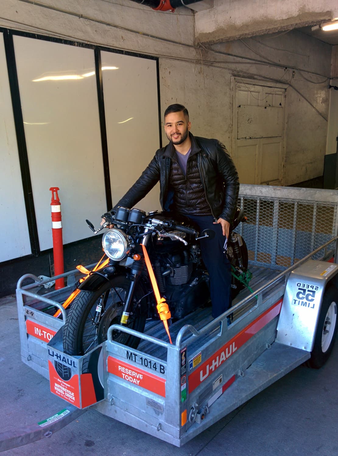 Brian  takes off with Rudy's Triumph Bonneville.