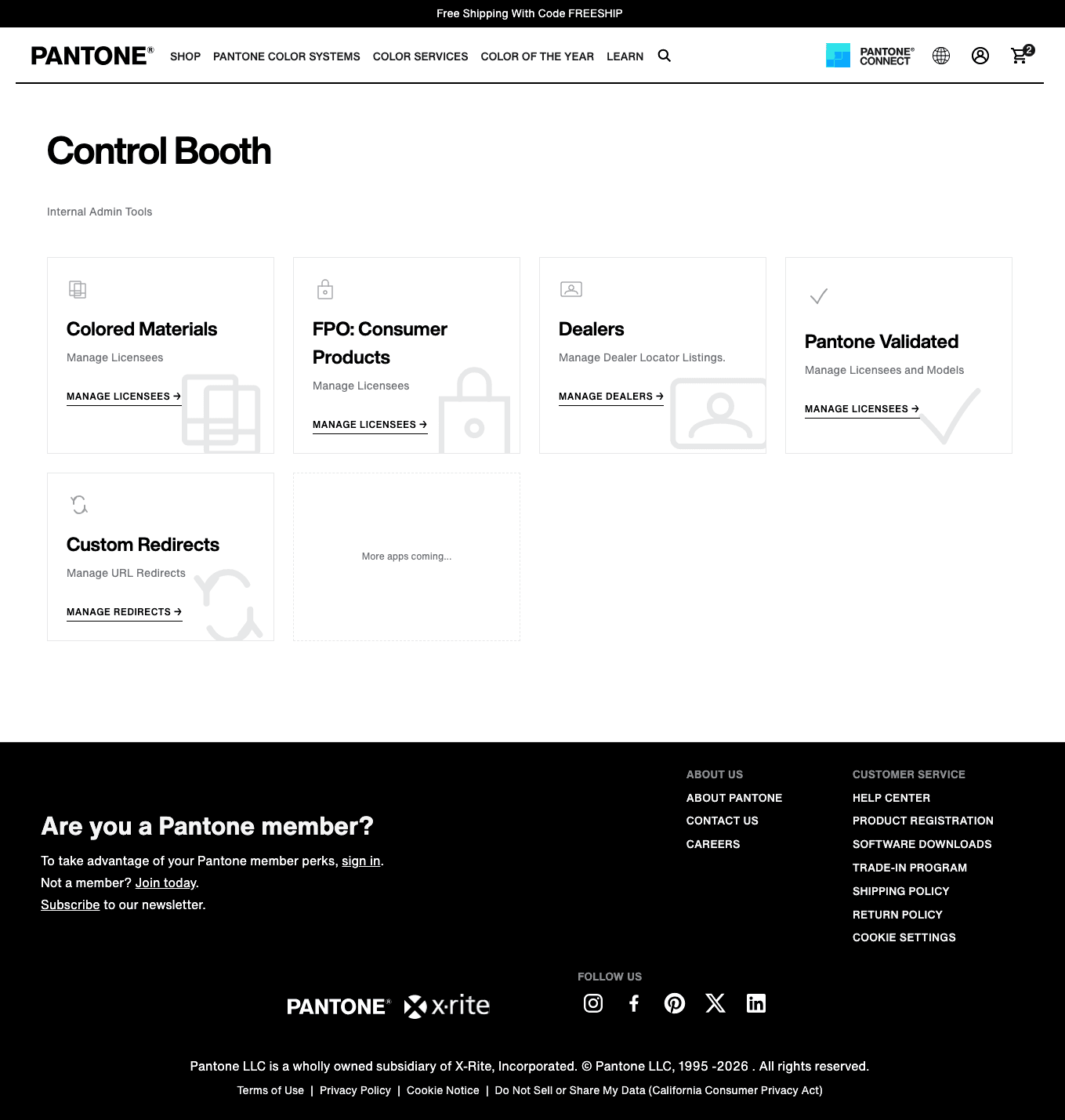 Control Booth admin dashboard showing internal tool cards