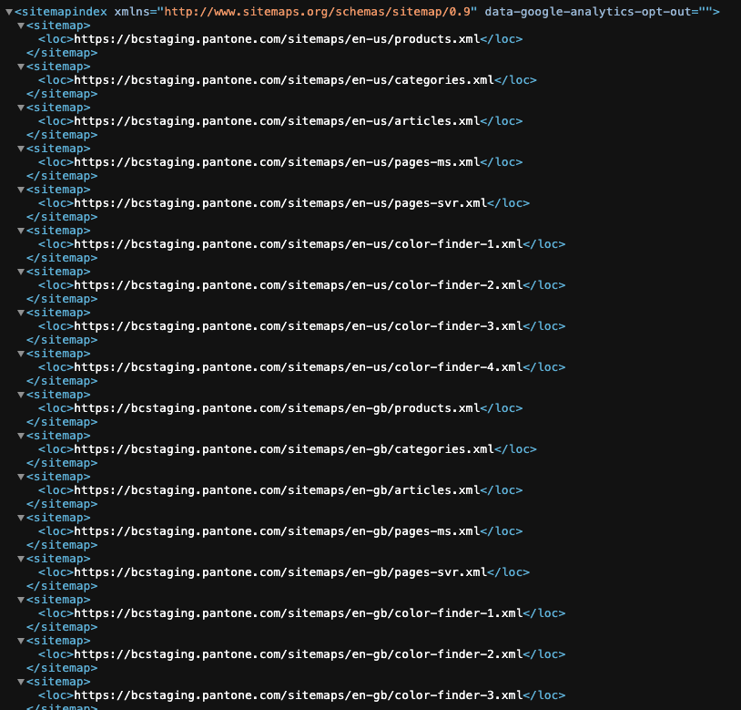 Sitemap index showing per-locale child sitemaps for products, categories, articles, pages, and Color Finder across en-us and en-gb