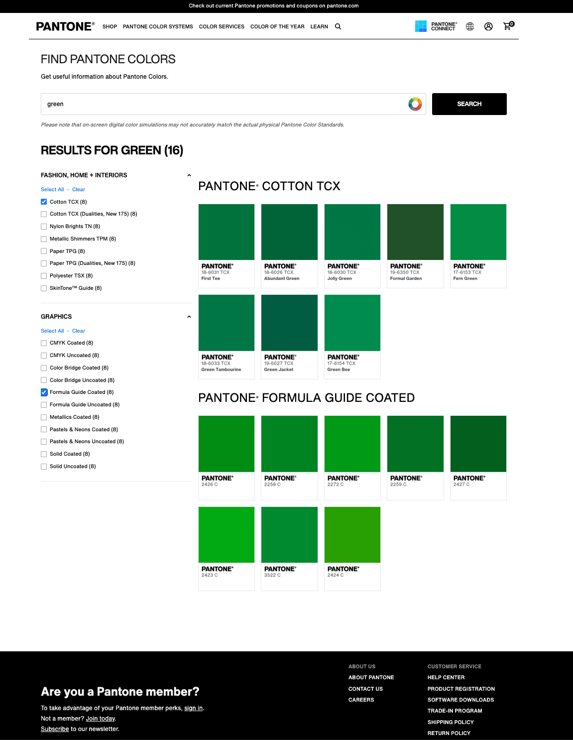 Pantone Color Finder search results showing green color swatches